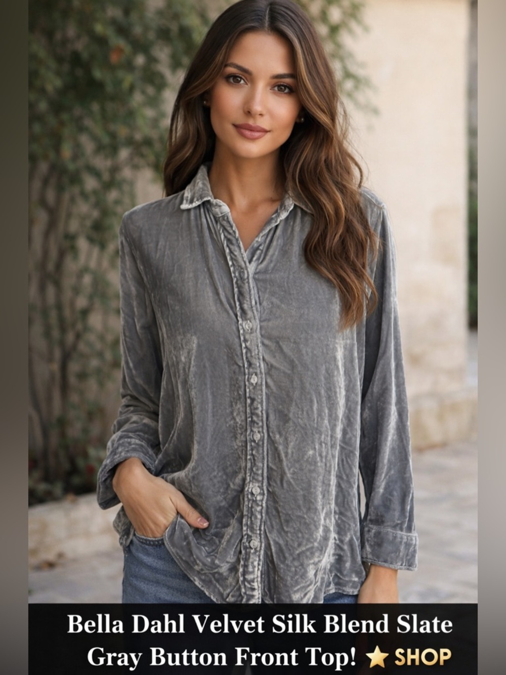 Bella Dahl Top Sz A Velvet Silk Blend Button Front Slate Gray Collared Lagenlook